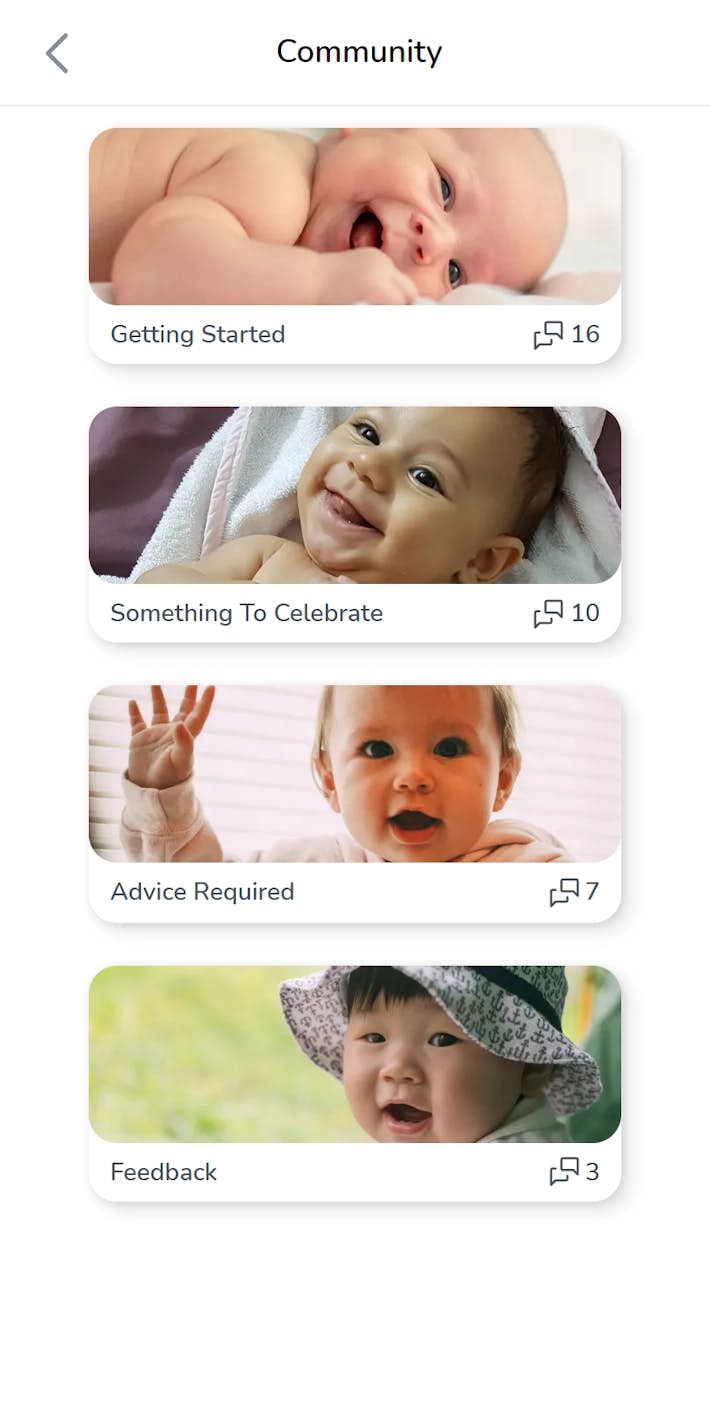 screenshot of the ec babies app community screen